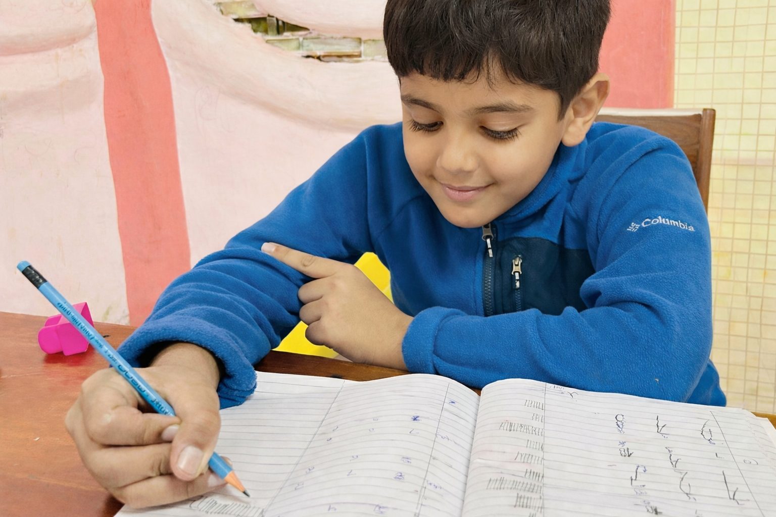 A child studying and writing in a notebook